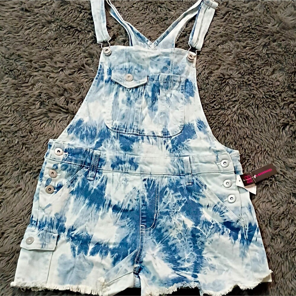 No Boundaries Tie-Dye Denim Overall Romper Shortalls Pockets Sz M Blue/White